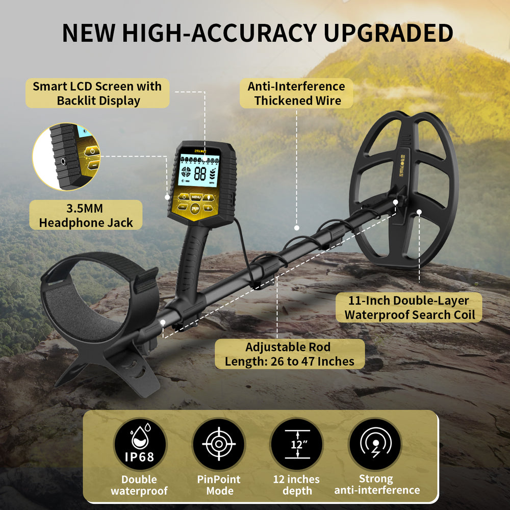 SAKOBS Metal Detector for Adults Professional – Higher Accuracy 9 Types of Metal Target Detection, 11" Waterproof Double-D Coil, New Upgraded DSP Chip, and LCD Display (12.8" Detection Depth)